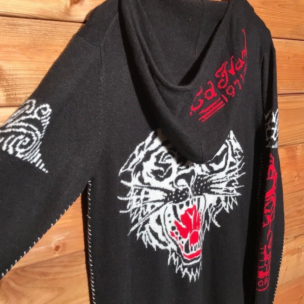 ED HARDY Hooded Wool Blend Knit Sweater Cardigan Vintage Zip Up Lion NEW L